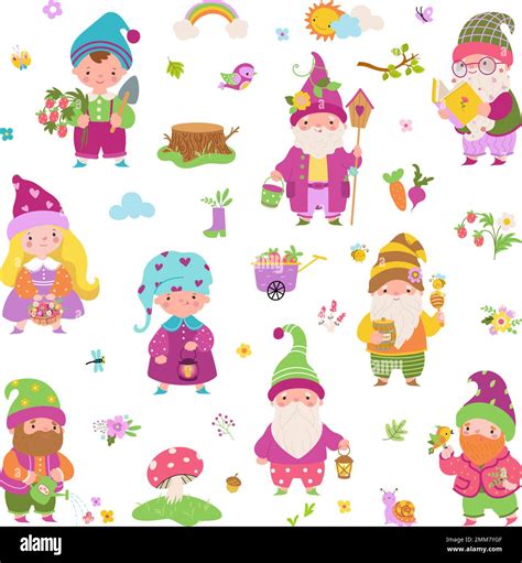 Cartoon garden gnomes, fairy dwarf characters. Cute flat female and male dwarfs, vegetables ...