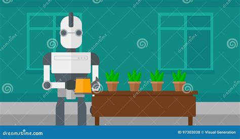 Robot Housekeeper Watering Flowers. Stock Vector - Illustration of ...