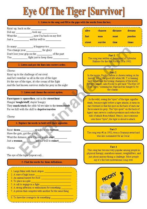 SONG!!! Eye Of The Tiger [Survivor] - Printer-friendly version included - ESL worksheet by ...