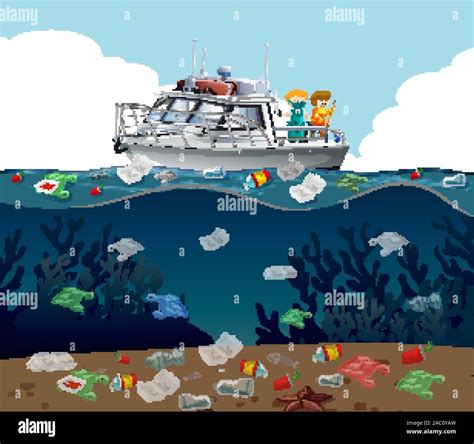 Water pollution poster with trash in the ocean illustration Stock ...