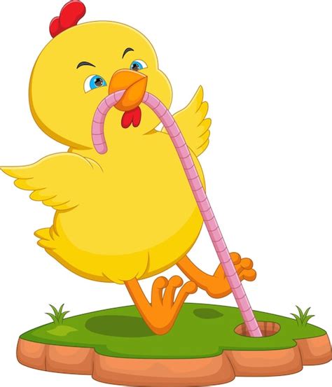 Premium Vector | Little chicken eating worm cartoon