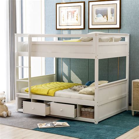 Euroco Full Over Full Bunk Bed Wood Bunk with Storage Drawers, Compartments, Ladder, Guardrails ...