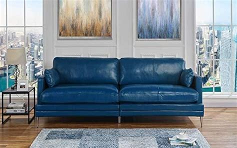 Blue Leather Upholstered Sofa Couch | Modern Blue Wide Top Grain Leath – Zuzo Home Leather Couch ...