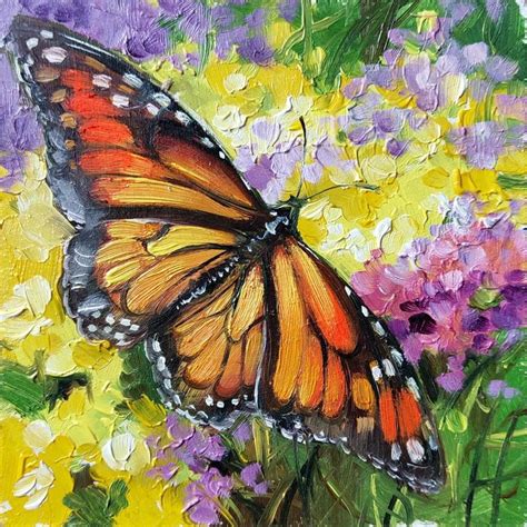 Monarch Butterfly Art Oil Painting Original 4x4, Yellow Oil Painting Butterfly Picture Framed ...