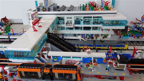 Huge Lego train station MOC of 25000 bricks with Lego monorail and bus platforms