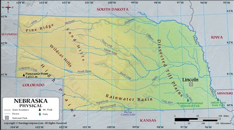 Nebraska Physical Map showing Geographical / Physical Features with Rivers and Landforms