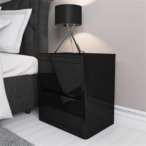 Black High Gloss Bedside Table 2 Drawer Cabinet Chest Bedroom Furniture ...