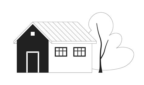 Cute house monochrome flat vector object. Town building with decorative tree. Editable black and ...