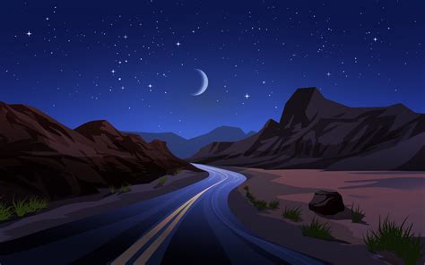 Desert night landscape illustration with road 9432510 Vector Art at ...