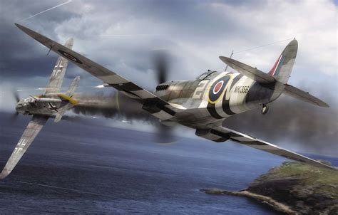 Wallpaper Messerschmitt, Air force, WW2, Royal Air Force, Painting, Dogfight, Spitfire F.Mk.IX ...