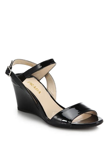 Prada Patent Leather Wedge Sandals in Black | Lyst