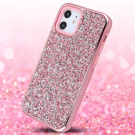 Apple iPhone 12 Mini 5.4 Case, Airium Encrusted Rhinestones Hybrid Case Electroplated Pink ...