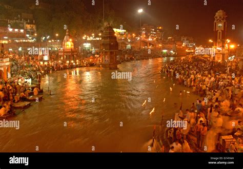 Ganga Aarti on the banks of holy river Ganges, Haridwar, Uttarakhand Stock Photo, Royalty Free ...