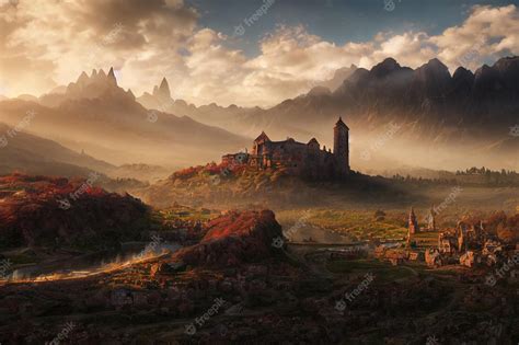 Premium Photo | A beautiful valley old medieval fantasy town and castle concept art