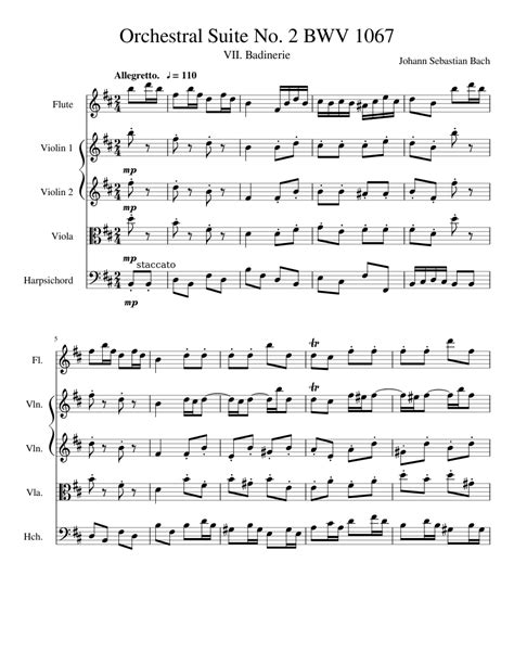 Bach Orchestral Suite No 2 BWV 1067 sheet music for Flute, Violin, Viola, Harpsichord download ...