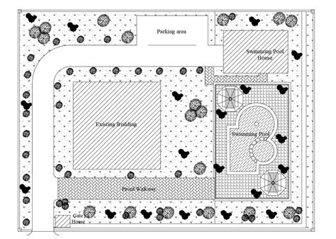 Existing house site layout plan and landscaping cad drawing details dwg file - Cadbull