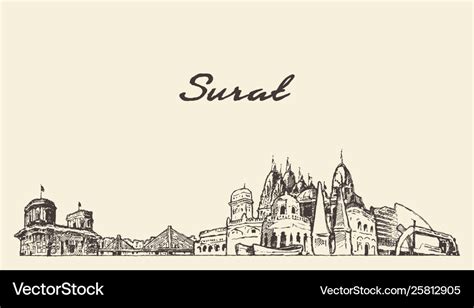 Surat skyline gujarat india drawn sketch Vector Image