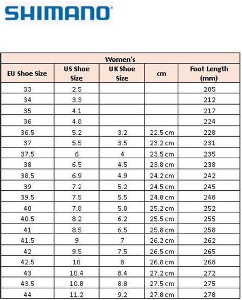 Shimano Cycling Shoes Size Chart (for both Men & Women)