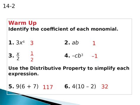 (PPT) Simplifying Polynomials 14-2 Warm Up Identify the coefficient of each monomial. 1. 3x 4 2 ...