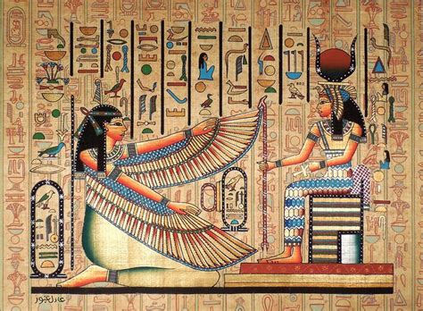 an egyptian painting with two women and one is holding a bird in her hand,