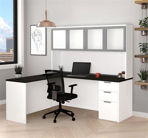 Modern L-Shaped Desk & Hutch with Frosted Glass Doors in White / Deep – ComputerDesk.com