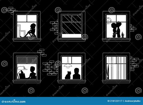 Windows Of A Night Time House With Neighbours Inside Cartoon Vector ...