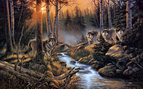 wolves, Wolf, Paintings, Artistic, Art, Print, Landscapes, Nature, Rivers, Streams, Woods, Trees ...