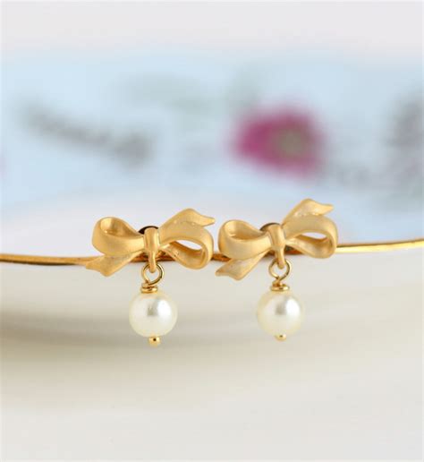 Gold Bow Pearl Earrings