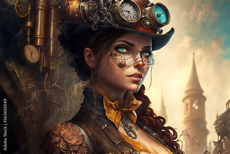 A portrait of an attractive steampunk style woman in the town. Created ...