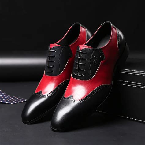 Black Red Patchwork Genuine Leather Formal Dress Shoes Men Casual Office Male Shoes Lace Up ...