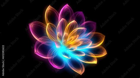 Multicolor neon light drawing, abstract shape flowers isolated on black ...