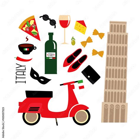 Cartoon italian culture symbols: Pisa tower, retro scooter, red wine ...