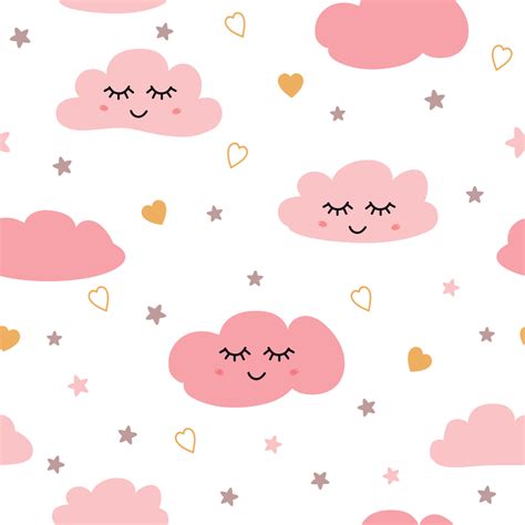 Clouds pattern. Seamless pattern with smiling sleeping clouds stars hearts for baby girl design ...