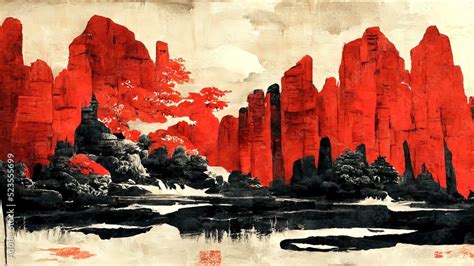 Traditional painting chinese ink red landscape. Painting of hills ...