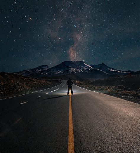 Road, mountains, night, silhouette, starry sky, HD phone wallpaper | Peakpx