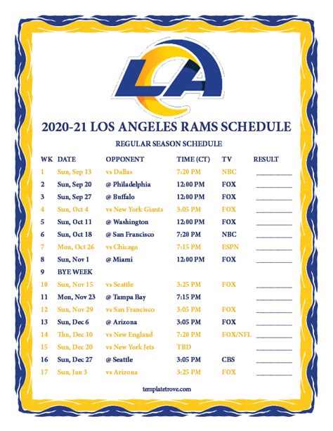 Printable 2020-2021 Los Angeles Rams Schedule