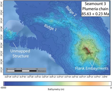 Color-shaded relief bathymetric map of Seamount 3 shows a conical ...