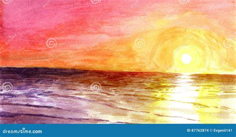 Sunset at the Ocean in Watercolor. Stock Illustration - Illustration of ...