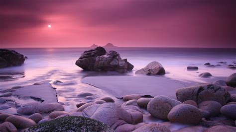 Wallpaper : sunset, sea, bay, rock, nature, shore, purple, beach ...