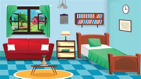 Room interior background illustration. Bedroom, Cartoon living room, kids bedroom with furniture ...