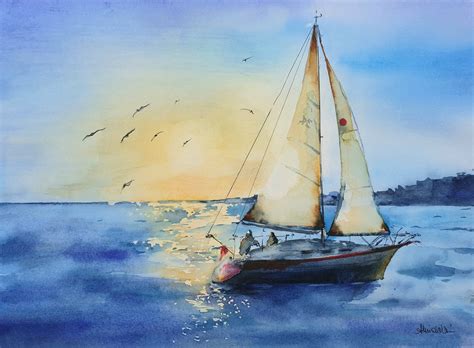 Sailboat Sunset Watercolor Painting Boat Painting Sunrise - Etsy