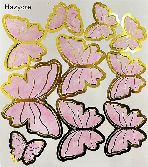 Hazyore Pink Butterfly Cake Toppers 11pcs Butterfly Cupcake Toppers Happy Birthday Metal Gold ...