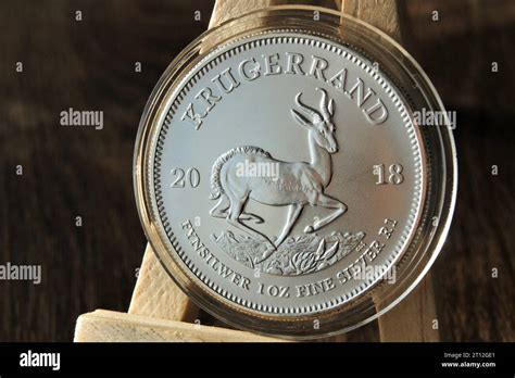 Silver investment coin in capsule. Silver Krugerrand 1 Rand 2018 South Africa. Close up Stock ...