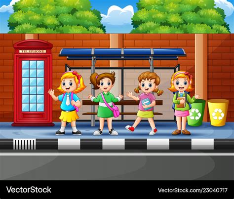 Cartoon of school children in the bus stop Vector Image