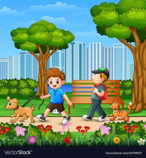 Two boys walking with their dog in park city Vector Image