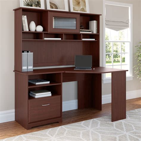 Cabot Modern 60W Corner Desk with Hutch, includes File Drawer and Storage Shelves in Harvest ...