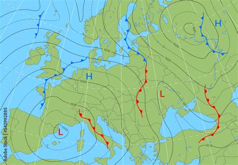 Forecast weather isobar map of Europe. Wind front, temperature and cyclones diagram. Climatology ...