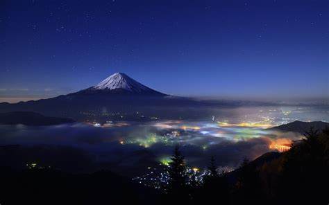 nature, Landscape, Starry Night, Mountain, Cityscape, Mist, Snowy Peak, Lights, Trees, Mount ...