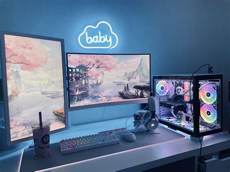 Light Blue Aesthetic Gaming Setup 👾💡🖥 | Game room design, Gaming room ...