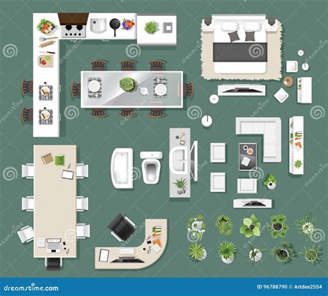 Interior Icons Top View, Tree ,furniture, Bed,sofa, Armchair Stock Vector - Illustration of ...